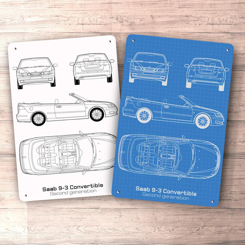 Saab 9-3 Cabrio Second Gen Blueprint Skilte, Musemåtte, Dørmåtte , Plakat-Blueprint-Saab-Garage Culture Shop- garage - man cave - merchandise