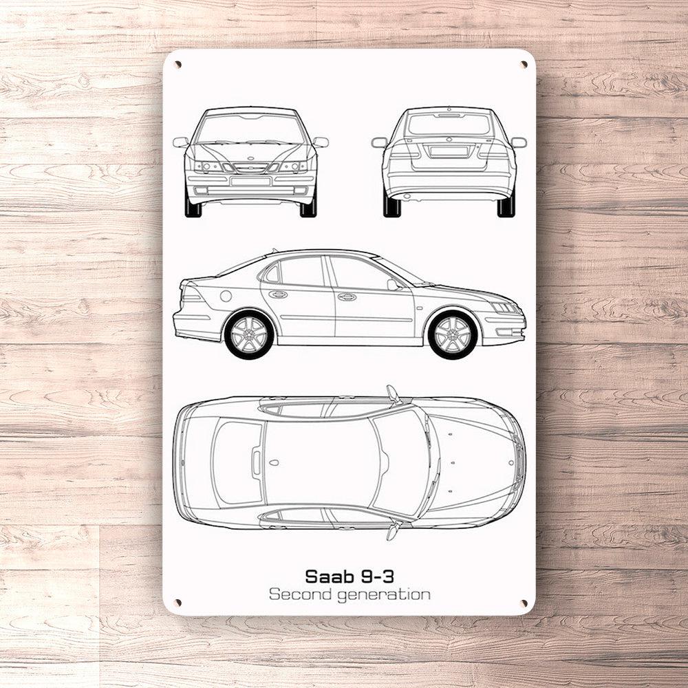 Saab 9-3 Second Gen Blueprint Skilte, Musemåtte, Dørmåtte , Plakat-Blueprint-Saab-Garage Culture Shop- garage - man cave - merchandise