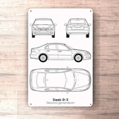 Saab 9-3 Second Gen Blueprint Skilte, Musemåtte, Dørmåtte , Plakat-Blueprint-Saab-Garage Culture Shop- garage - man cave - merchandise