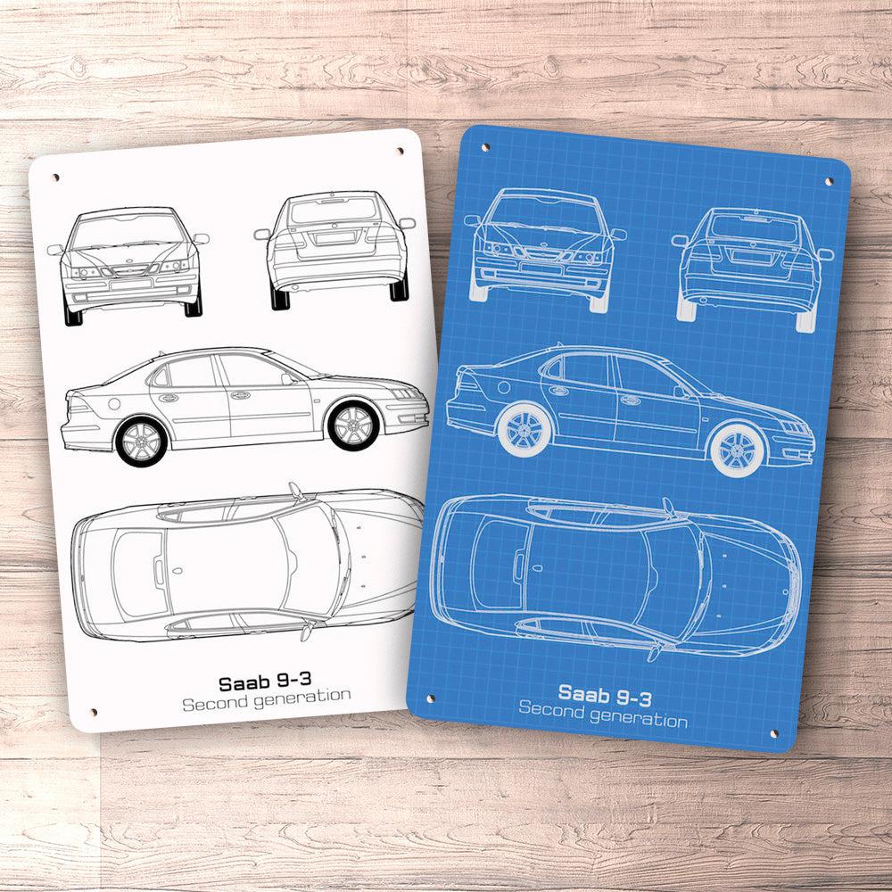 Saab 9-3 Second Gen Blueprint Skilte, Musemåtte, Dørmåtte , Plakat-Blueprint-Saab-Garage Culture Shop- garage - man cave - merchandise