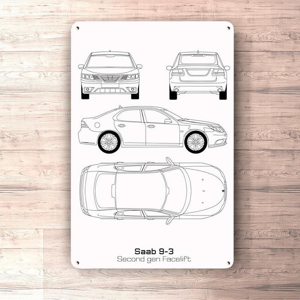Saab 9-3 Second Gen Facelift Blueprint Skilte, Musemåtte, Dørmåtte-Blueprint-Saab-Garage Culture Shop- garage - man cave - merchandise