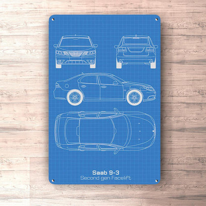 Saab 9-3 Second Gen Facelift Blueprint Skilte, Musemåtte, Dørmåtte-Blueprint-Saab-Garage Culture Shop- garage - man cave - merchandise
