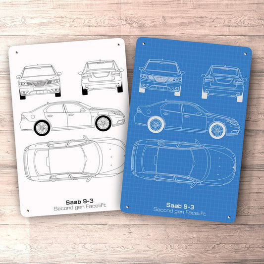Saab 9-3 Second Gen Facelift Blueprint Skilte, Musemåtte, Dørmåtte-Blueprint-Saab-Garage Culture Shop- garage - man cave - merchandise