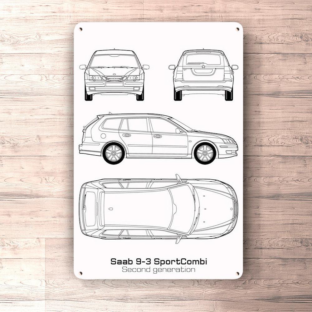 Saab 9-3 Sportcombi Second Gen Blueprint Skilte, Musemåtte, Dørmåtte , Plakat-Blueprint-Saab-Garage Culture Shop- garage - man cave - merchandise