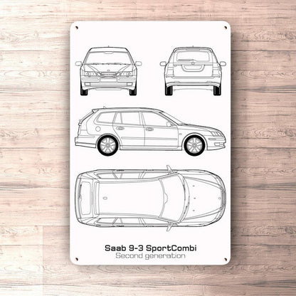 Saab 9-3 Sportcombi Second Gen Blueprint Skilte, Musemåtte, Dørmåtte , Plakat-Blueprint-Saab-Garage Culture Shop- garage - man cave - merchandise
