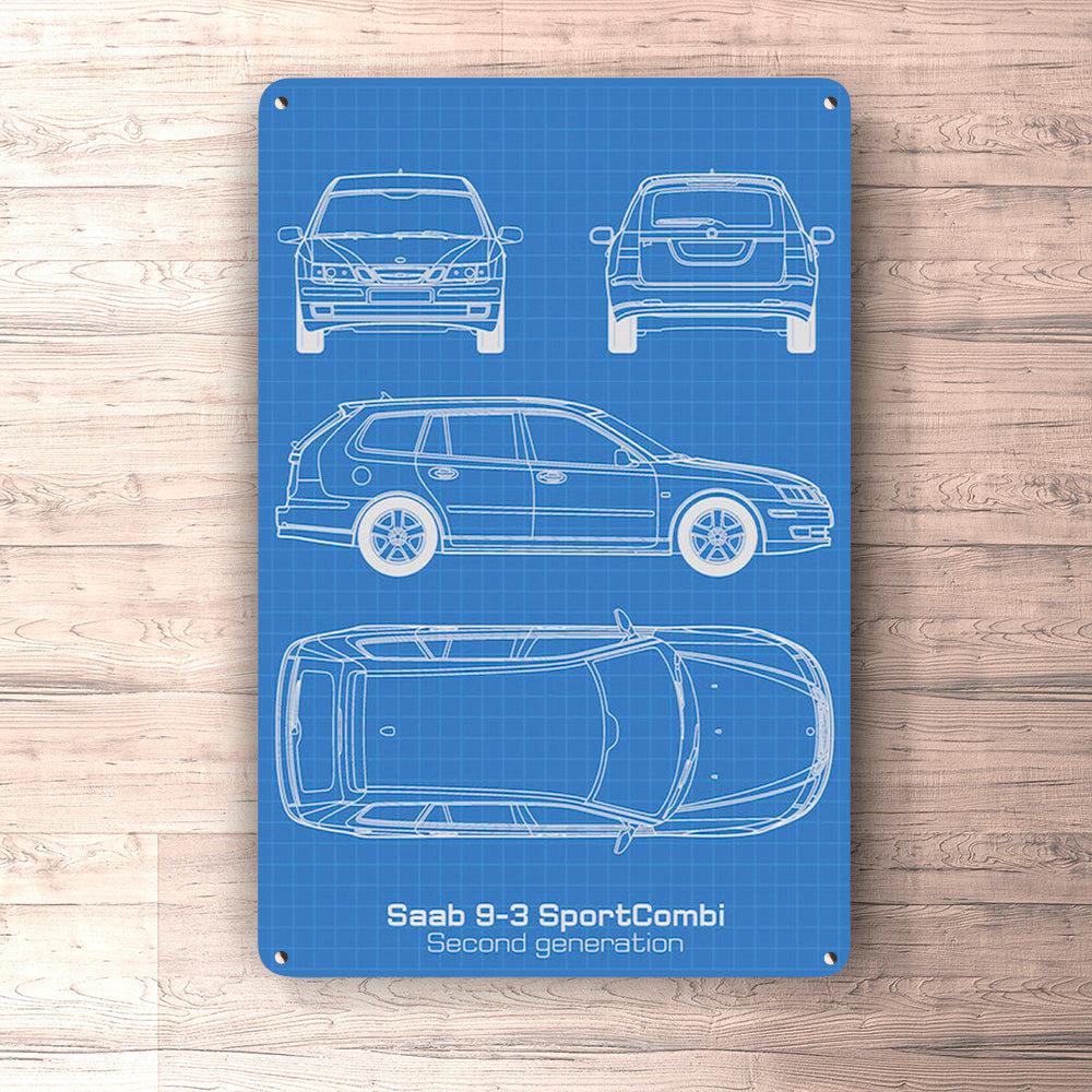 Saab 9-3 Sportcombi Second Gen Blueprint Skilte, Musemåtte, Dørmåtte , Plakat-Blueprint-Saab-Garage Culture Shop- garage - man cave - merchandise