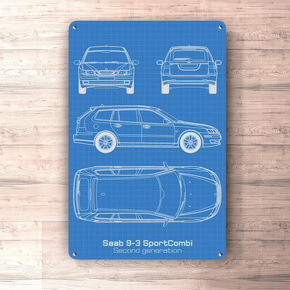 Saab 9-3 Sportcombi Second Gen Blueprint Skilte, Musemåtte, Dørmåtte , Plakat-Blueprint-Saab-Garage Culture Shop- garage - man cave - merchandise