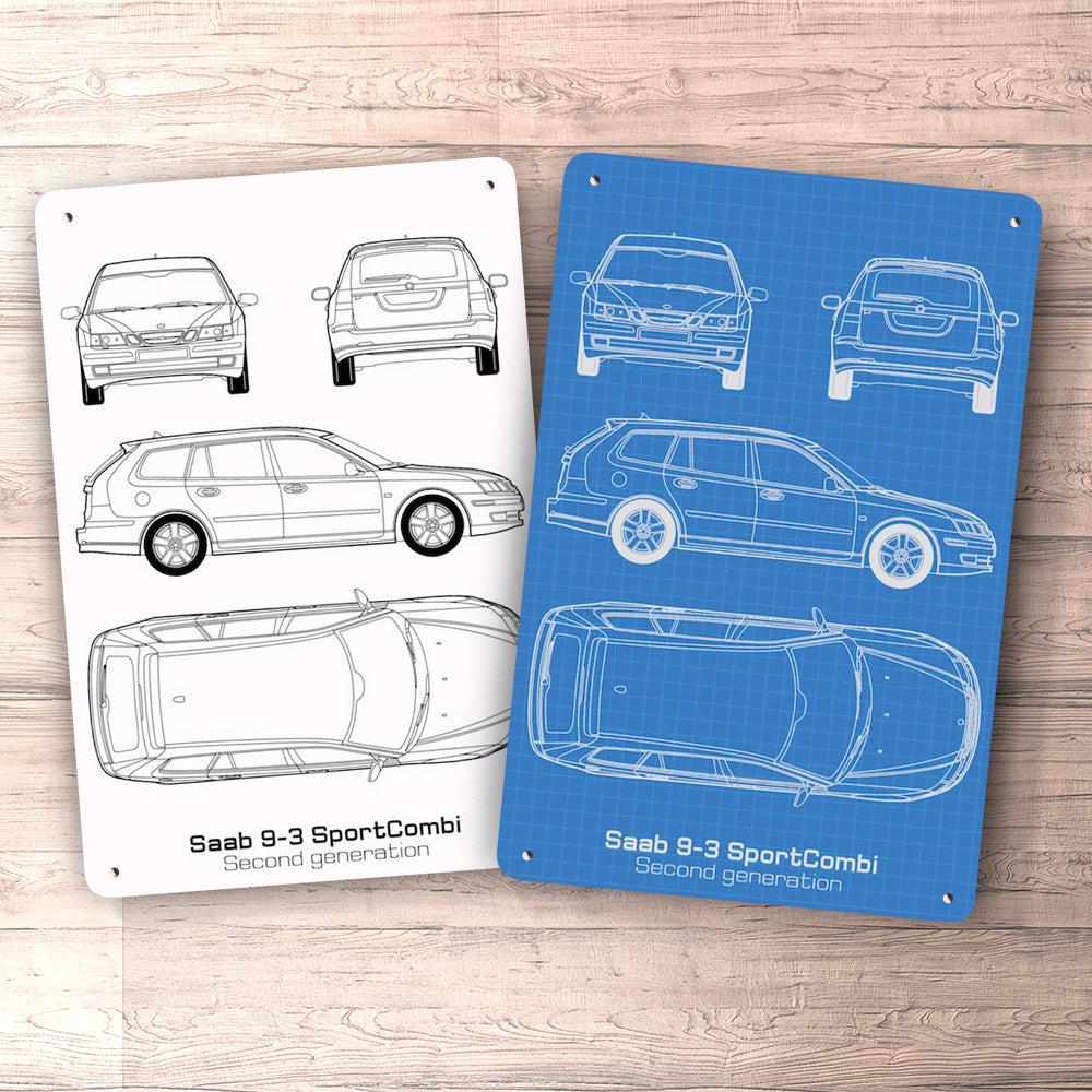 Saab 9-3 Sportcombi Second Gen Blueprint Skilte, Musemåtte, Dørmåtte , Plakat-Blueprint-Saab-Garage Culture Shop- garage - man cave - merchandise