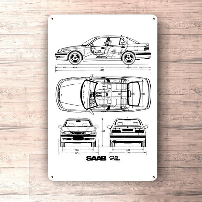 Saab 9-5 Blueprint Skilte, Musemåtte, Dørmåtte , Plakat-Blueprint-Saab-Garage Culture Shop- garage - man cave - merchandise