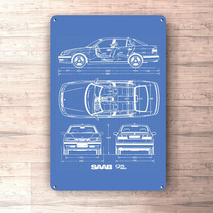 Saab 9-5 Blueprint Skilte, Musemåtte, Dørmåtte , Plakat-Blueprint-Saab-Garage Culture Shop- garage - man cave - merchandise
