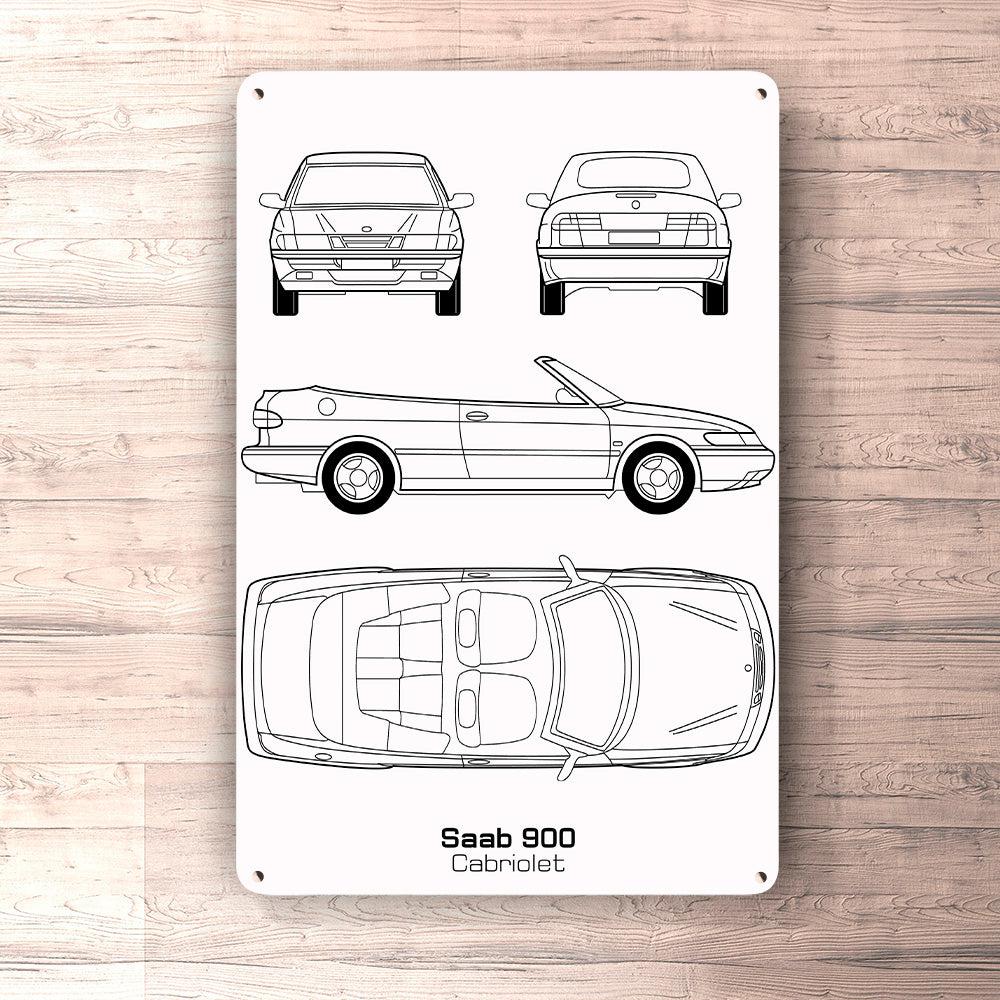 Saab 900 Cabriolet Blueprint Skilte, Musemåtte, Dørmåtte , Plakat-Blueprint-Saab-Garage Culture Shop- garage - man cave - merchandise