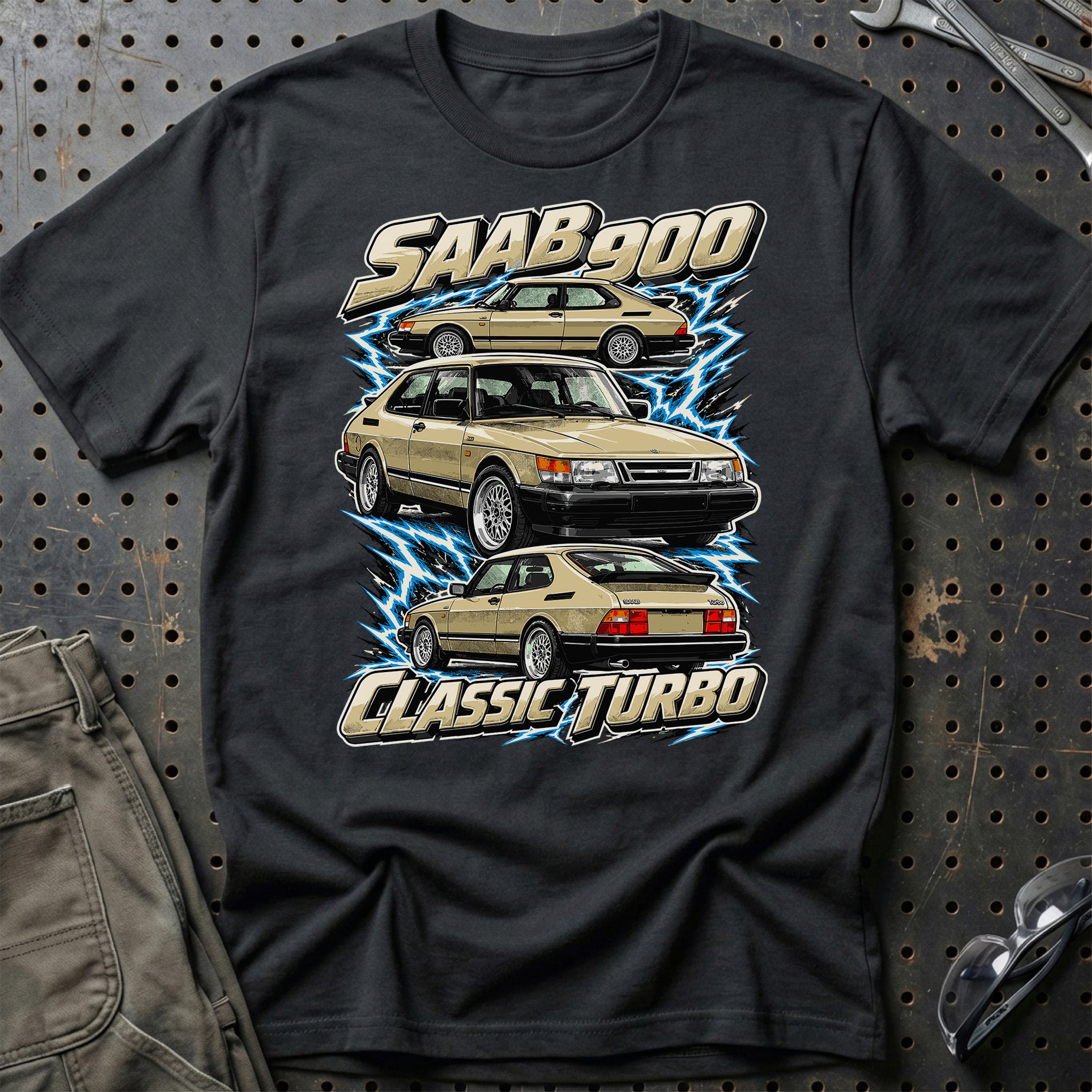 Saab 900 Classic Turbo T-Shirt-Beklædning-SAAB-Sort-S-Garage Culture Shop- garage - man cave - merchandise