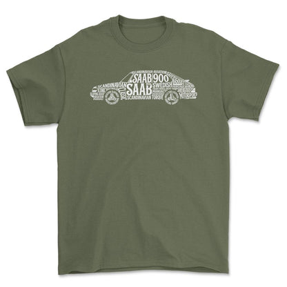 Saab 900 Old School Typography - Unisex T-Shirt-Beklædning-SAAB-Grøn Militær-S-Forside-Garage Culture Shop- garage - man cave - merchandise