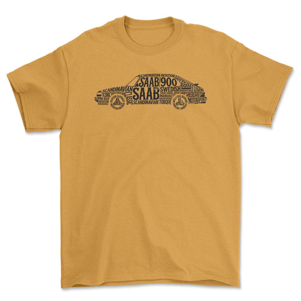 Saab 900 Old School Typography - Unisex T-Shirt-Beklædning-SAAB-Guld-S-Forside-Garage Culture Shop- garage - man cave - merchandise