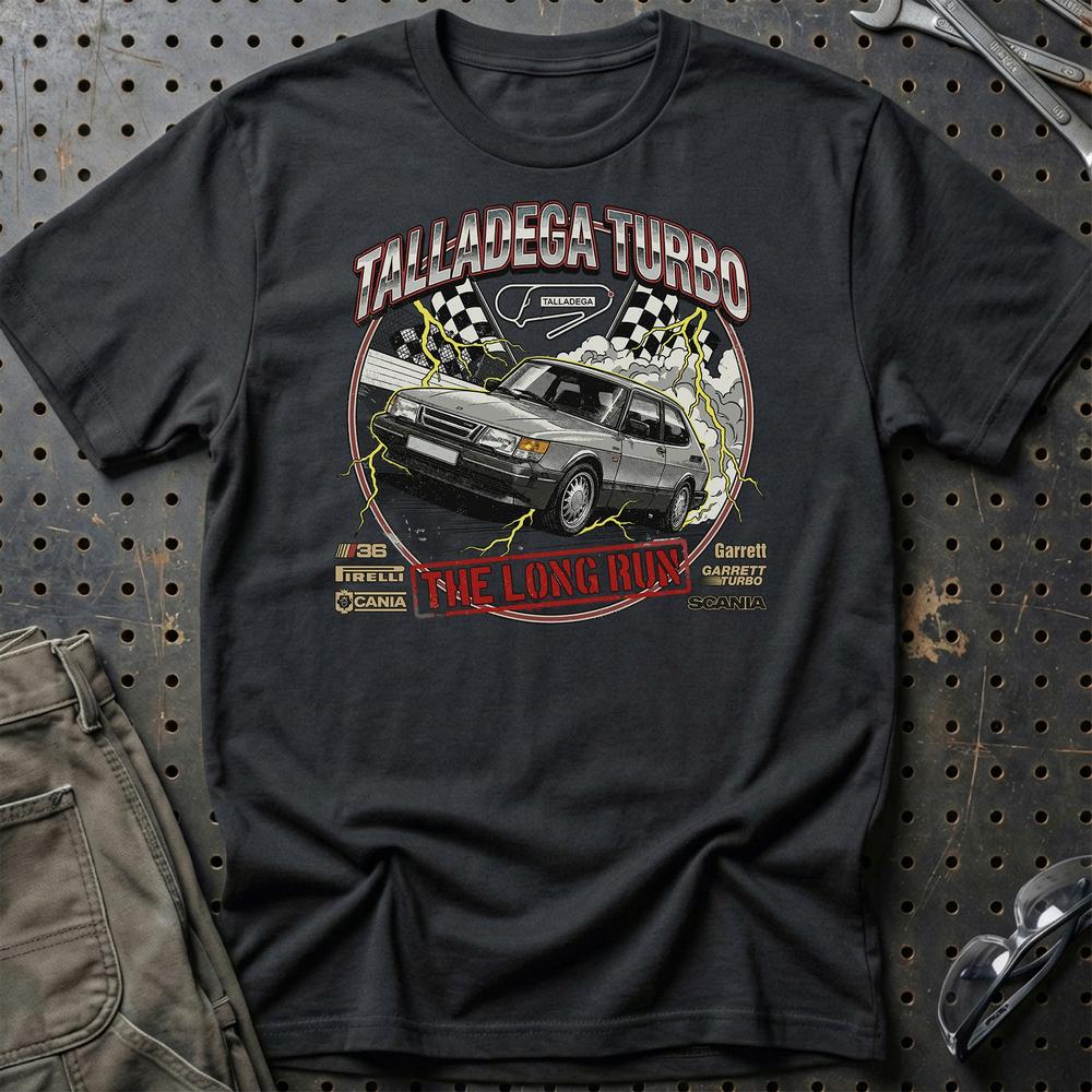 Saab 900 Talladega Turbo Long Run T-Shirt-Beklædning-SAAB-Sort-S-Garage Culture Shop- garage - man cave - merchandise
