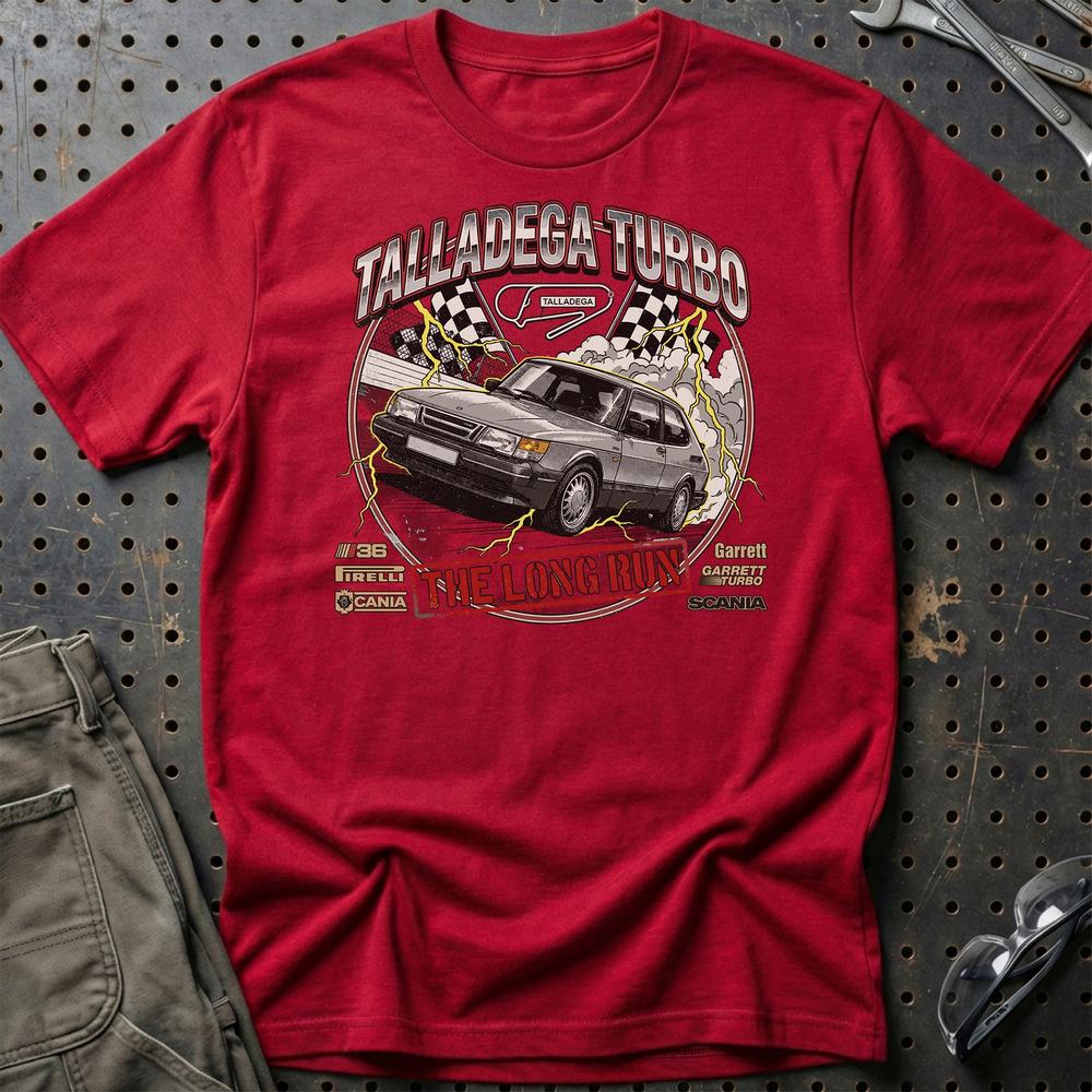 Saab 900 Talladega Turbo Long Run - Unisex T-Shirt-Beklædning-SAAB-Rød-S-Garage Culture Shop- garage - man cave - merchandise