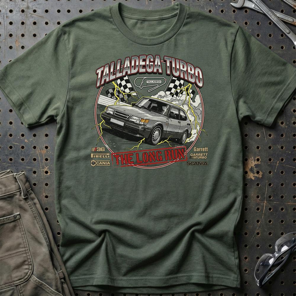 Saab 900 Talladega Turbo Long Run - Unisex T-Shirt-Beklædning-SAAB-Grøn Militær-S-Garage Culture Shop- garage - man cave - merchandise