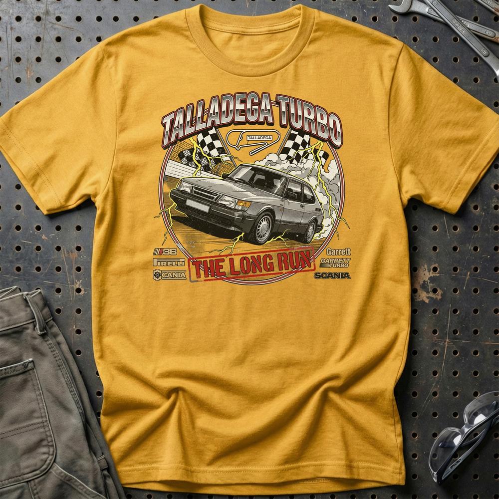Saab 900 Talladega Turbo Long Run - Unisex T-Shirt-Beklædning-SAAB-Guld-S-Garage Culture Shop- garage - man cave - merchandise