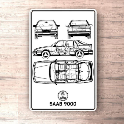 Saab 9000 Blueprint Skilte, Musemåtte, Dørmåtte , Plakat-Blueprint-Saab-Garage Culture Shop- garage - man cave - merchandise