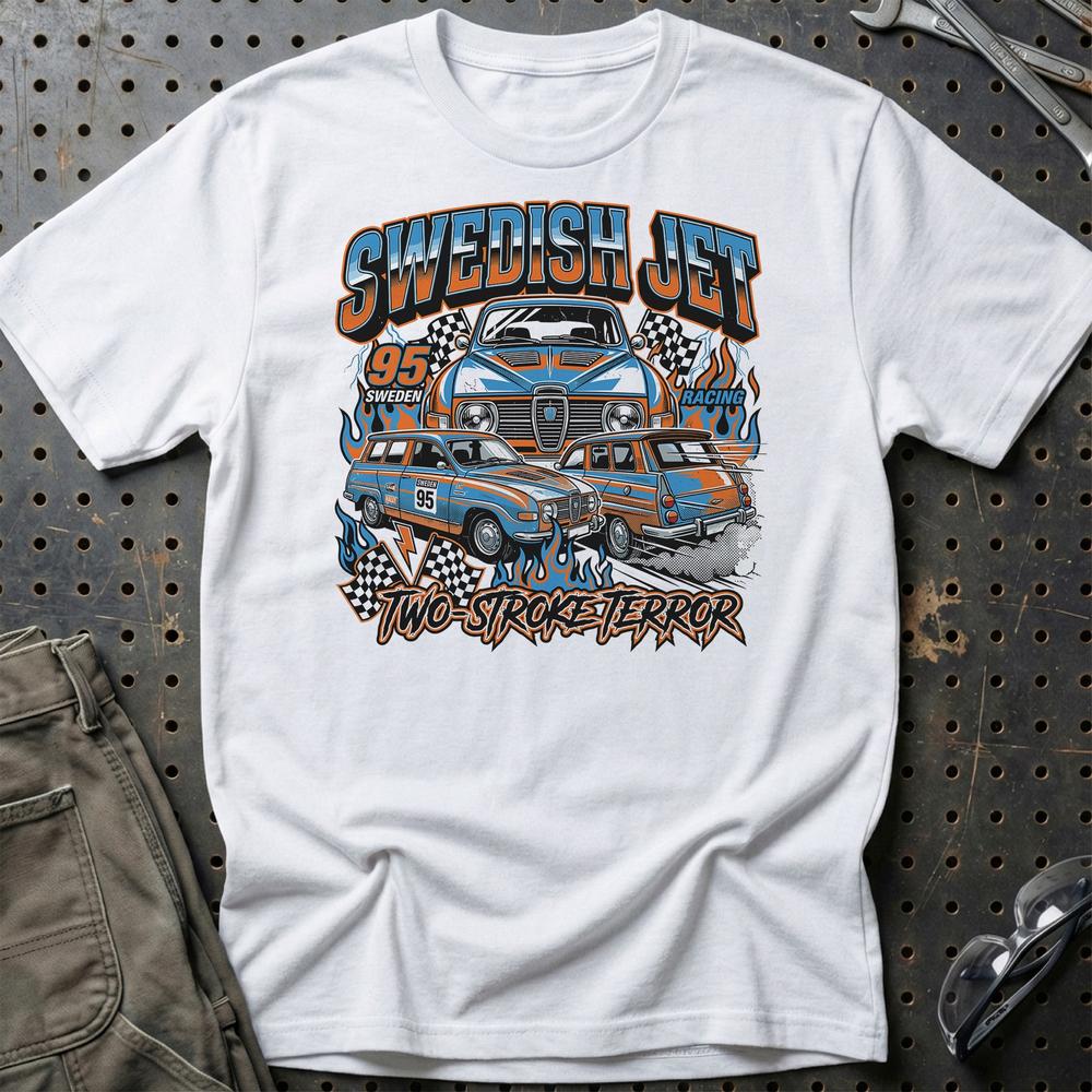 Saab 95 Swedish Jet Two-Stroke Terror - Unisex T-Shirt-Beklædning-SAAB-Hvid-S-Garage Culture Shop- garage - man cave - merchandise