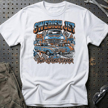 Saab 95 Swedish Jet Two-Stroke Terror - Unisex T-Shirt-Beklædning-SAAB-Hvid-S-Garage Culture Shop- garage - man cave - merchandise