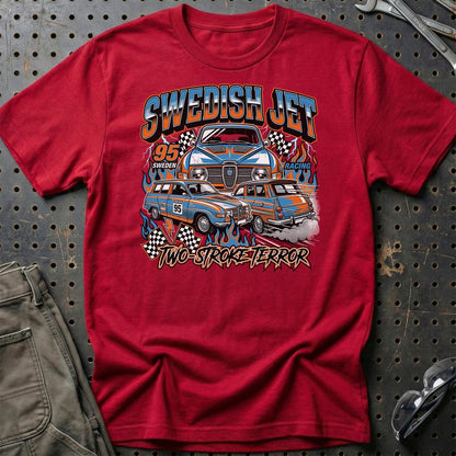 Saab 95 Swedish Jet Two-Stroke Terror - Unisex T-Shirt-Beklædning-SAAB-Rød-S-Garage Culture Shop- garage - man cave - merchandise