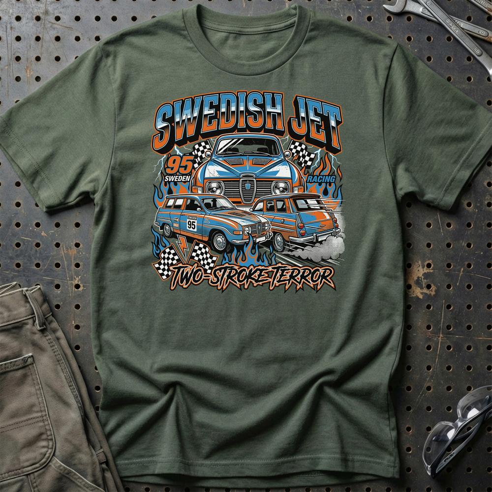Saab 95 Swedish Jet Two-Stroke Terror - Unisex T-Shirt-Beklædning-SAAB-Grøn Militær-S-Garage Culture Shop- garage - man cave - merchandise