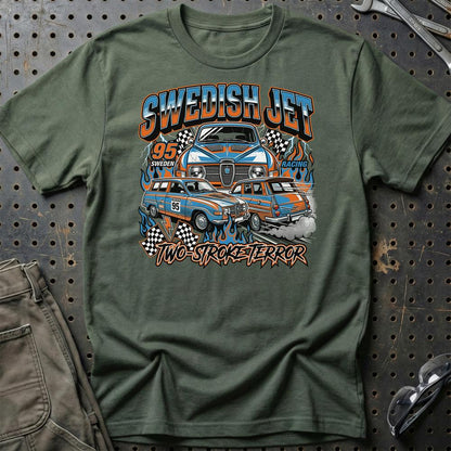 Saab 95 Swedish Jet Two-Stroke Terror - Unisex T-Shirt-Beklædning-SAAB-Grøn Militær-S-Garage Culture Shop- garage - man cave - merchandise