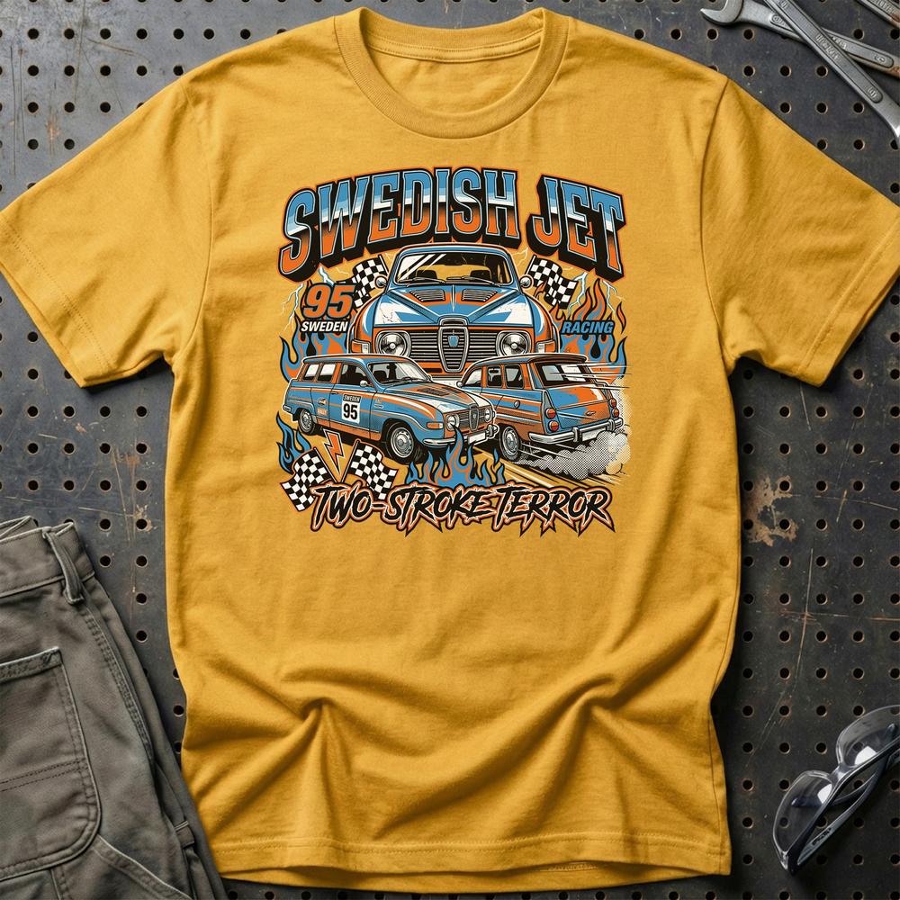 Saab 95 Swedish Jet Two-Stroke Terror - Unisex T-Shirt-Beklædning-SAAB-Guld-S-Garage Culture Shop- garage - man cave - merchandise