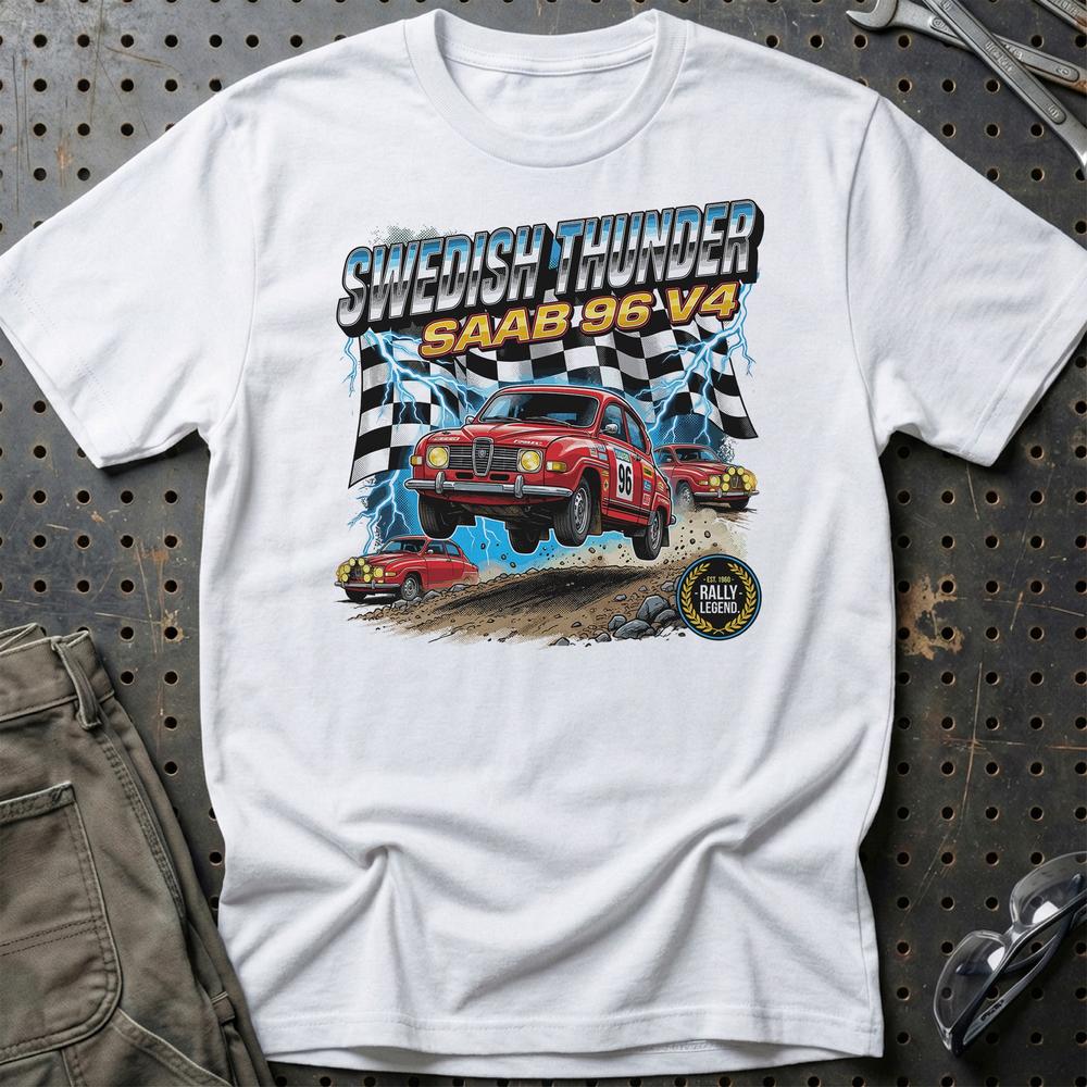 Saab 96 V4 Vintage Rally - Unisex T-Shirt-Beklædning-SAAB-Hvid-S-Garage Culture Shop- garage - man cave - merchandise