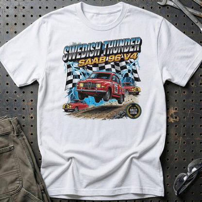 Saab 96 V4 Vintage Rally - Unisex T-Shirt-Beklædning-SAAB-Hvid-S-Garage Culture Shop- garage - man cave - merchandise