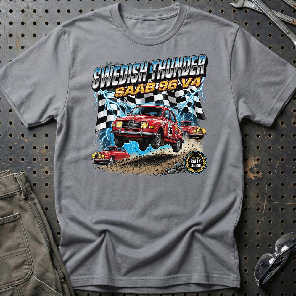Saab 96 V4 Vintage Rally - Unisex T-Shirt-Beklædning-SAAB-Grå Sport-S-Garage Culture Shop- garage - man cave - merchandise