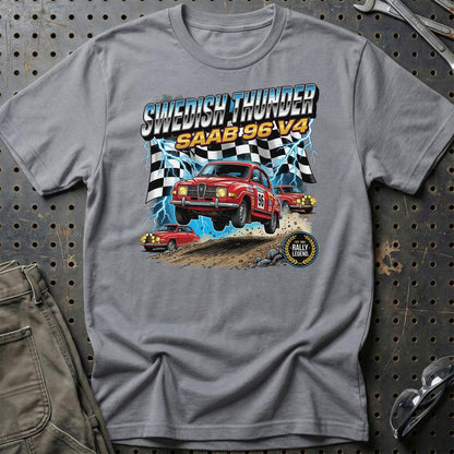 Saab 96 V4 Vintage Rally - Unisex T-Shirt-Beklædning-SAAB-Grå Sport-S-Garage Culture Shop- garage - man cave - merchandise