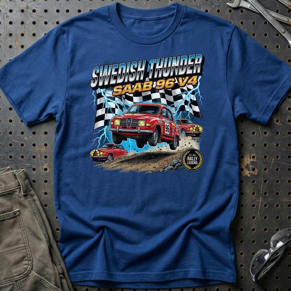 Saab 96 V4 Vintage Rally - Unisex T-Shirt-Beklædning-SAAB-Blå Royal-S-Garage Culture Shop- garage - man cave - merchandise