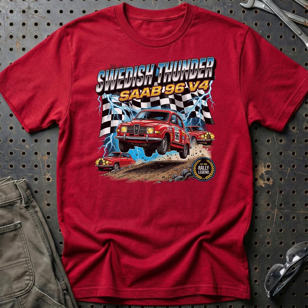 Saab 96 V4 Vintage Rally - Unisex T-Shirt-Beklædning-SAAB-Rød-S-Garage Culture Shop- garage - man cave - merchandise