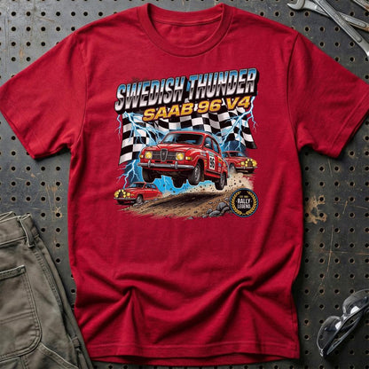 Saab 96 V4 Vintage Rally - Unisex T-Shirt-Beklædning-SAAB-Rød-S-Garage Culture Shop- garage - man cave - merchandise