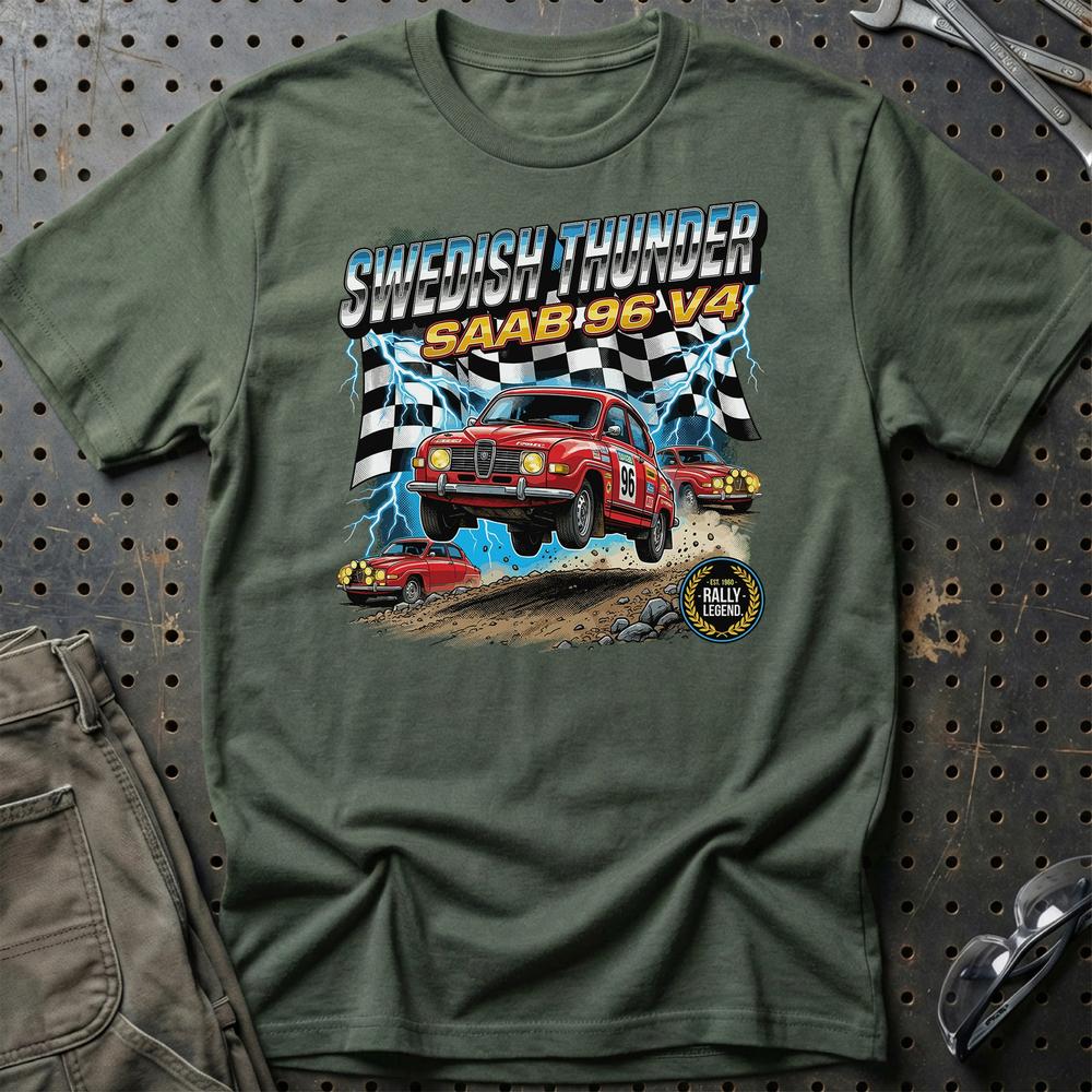 Saab 96 V4 Vintage Rally - Unisex T-Shirt-Beklædning-SAAB-Grøn Militær-S-Garage Culture Shop- garage - man cave - merchandise