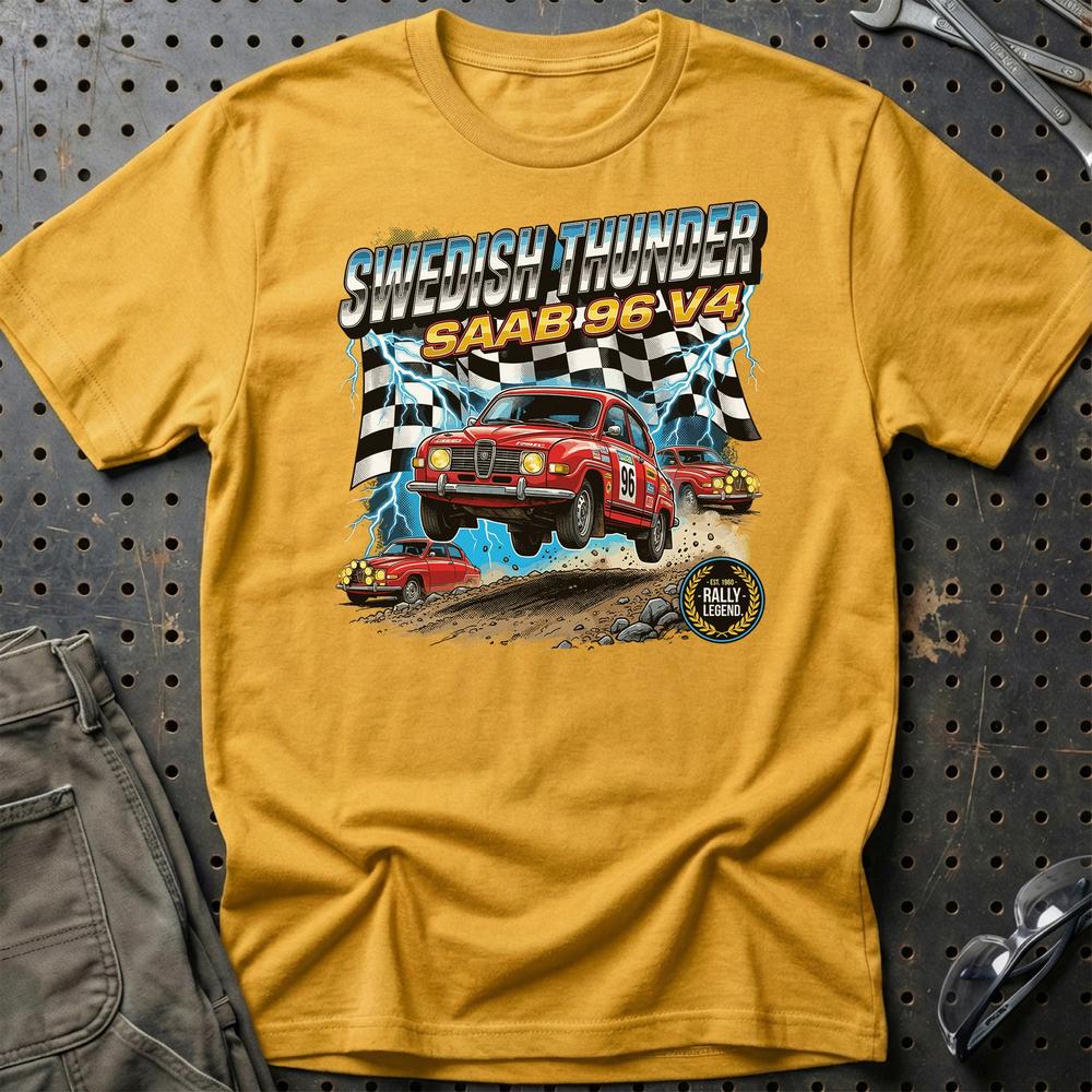 Saab 96 V4 Vintage Rally - Unisex T-Shirt-Beklædning-SAAB-Guld-S-Garage Culture Shop- garage - man cave - merchandise