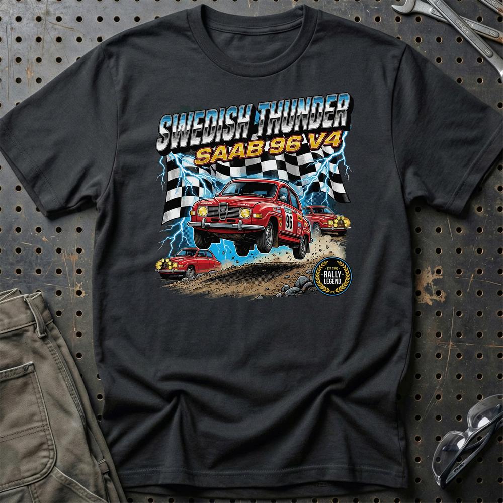 Saab 96 V4 Vintage Rally - Unisex T-Shirt-Beklædning-SAAB-Sort-S-Garage Culture Shop- garage - man cave - merchandise