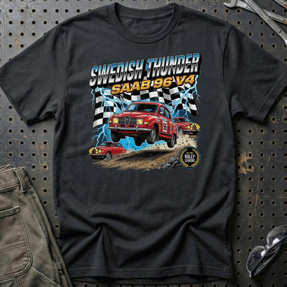 Saab 96 V4 Vintage Rally - Unisex T-Shirt-Beklædning-SAAB-Sort-S-Garage Culture Shop- garage - man cave - merchandise