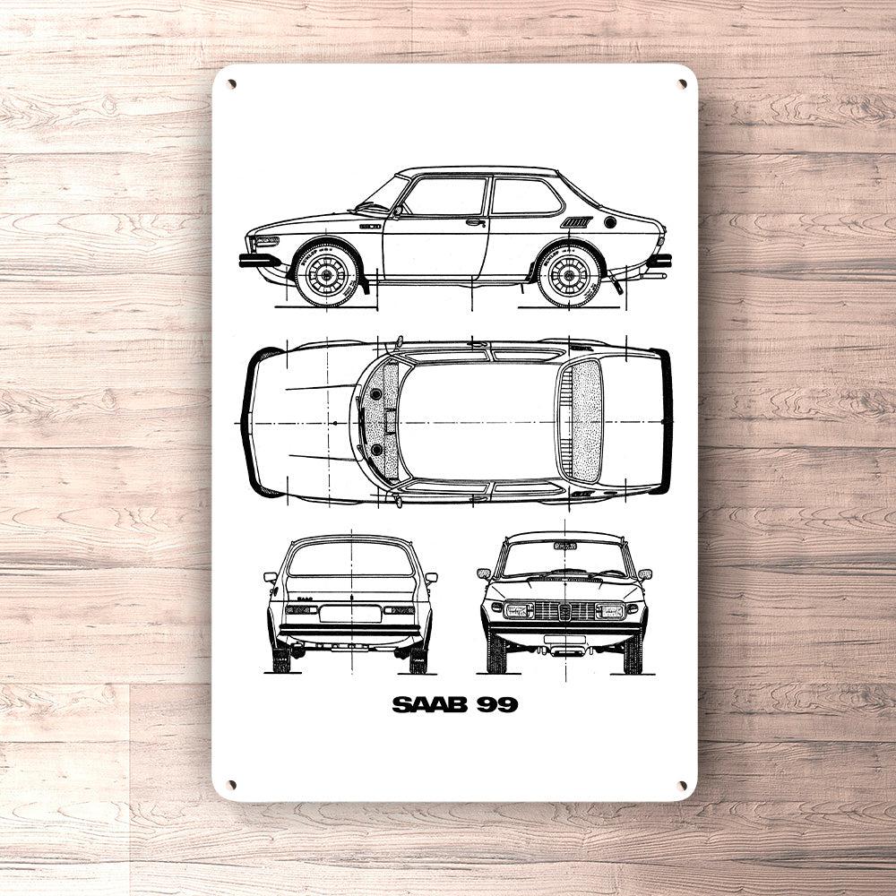 Saab 99 Blueprint Skilte, Musemåtte, Dørmåtte , Plakat-Blueprint-Saab-Garage Culture Shop- garage - man cave - merchandise