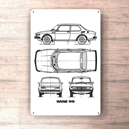 Saab 99 Blueprint Skilte, Musemåtte, Dørmåtte , Plakat-Blueprint-Saab-Garage Culture Shop- garage - man cave - merchandise
