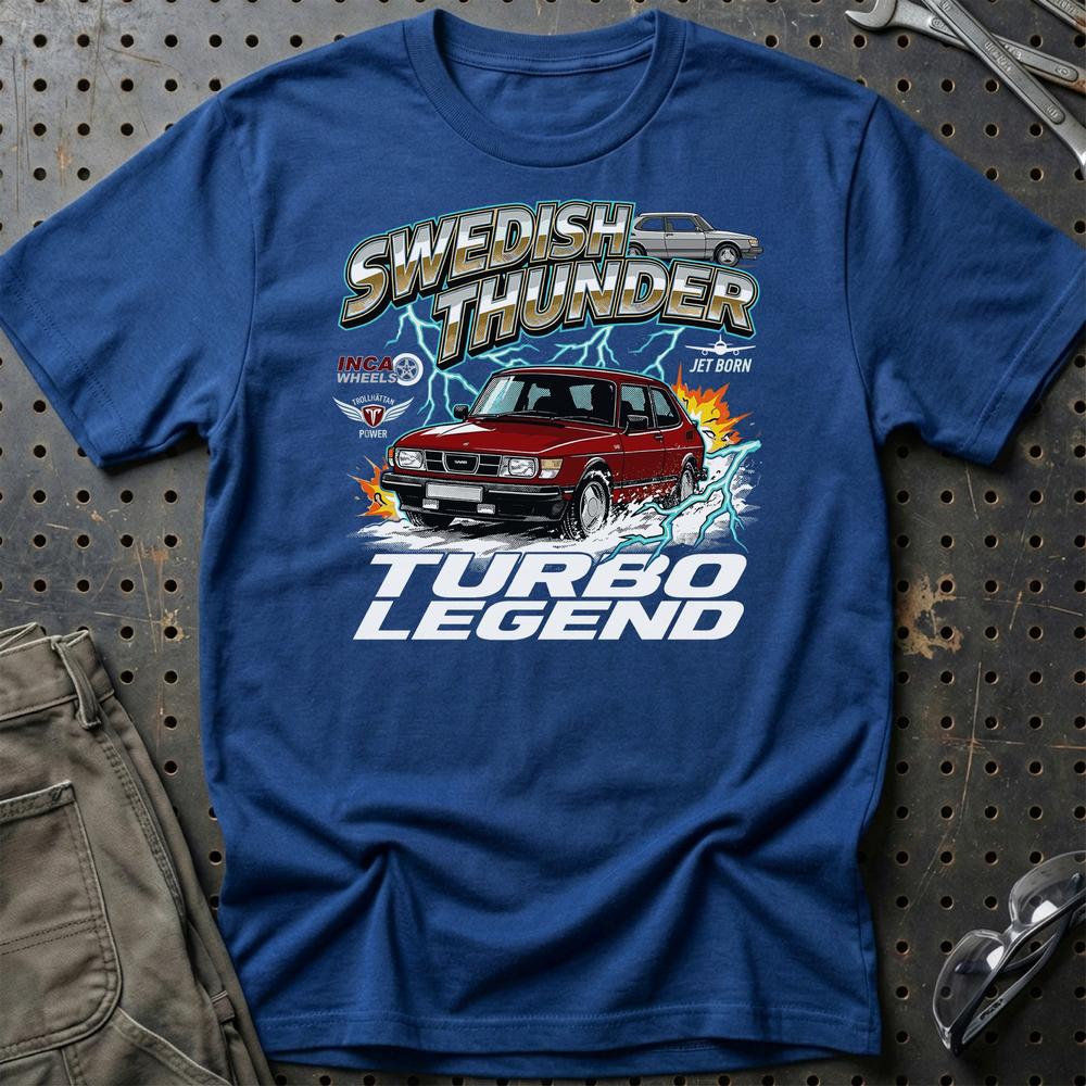 Saab 99 Turbo Swedish Thunder Classic Car - Unisex T-Shirt-Beklædning-SAAB-Blå Royal-S-Garage Culture Shop- garage - man cave - merchandise