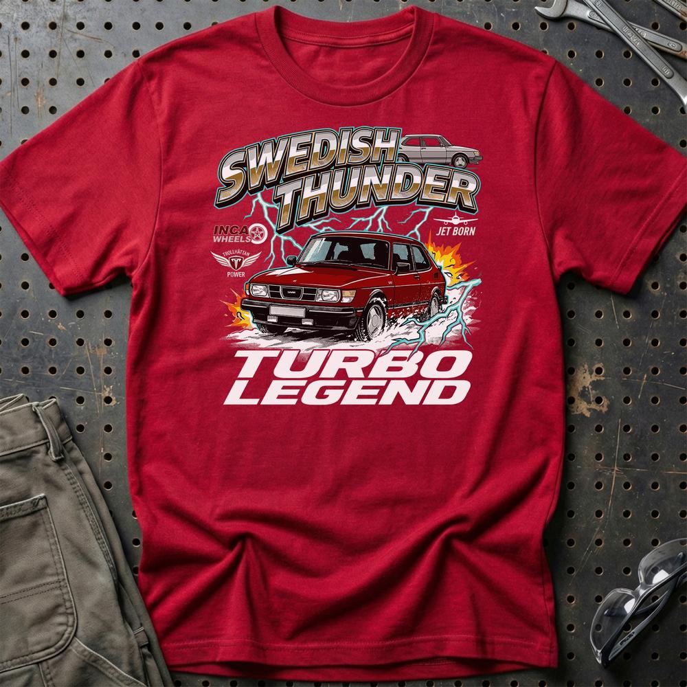 Saab 99 Turbo Swedish Thunder Classic Car - Unisex T-Shirt-Beklædning-SAAB-Rød-S-Garage Culture Shop- garage - man cave - merchandise