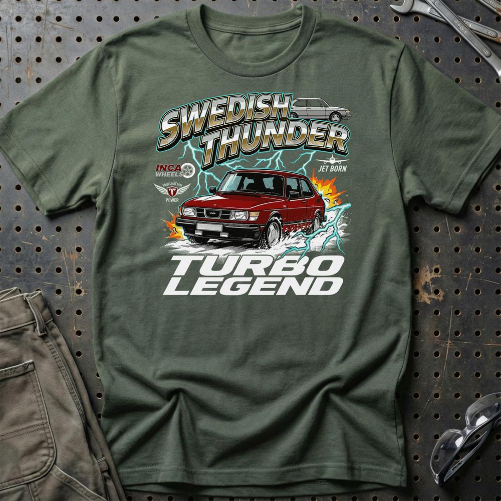 Saab 99 Turbo Swedish Thunder Classic Car - Unisex T-Shirt-Beklædning-SAAB-Grøn Militær-S-Garage Culture Shop- garage - man cave - merchandise