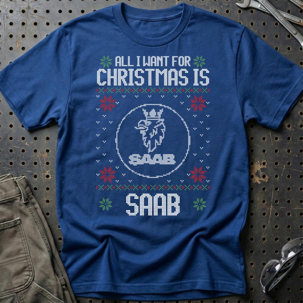 Saab - All I Want For Christmas T-Shirt-Beklædning-Saab-Blå Royal-S-Garage Culture Shop- garage - man cave - merchandise
