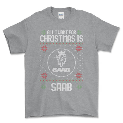 Saab - All I Want For Christmas - Unisex T-Shirt , Bomuld-Beklædning-Saab-Grå Sport-S-Forside-Garage Culture Shop- garage - man cave - merchandise