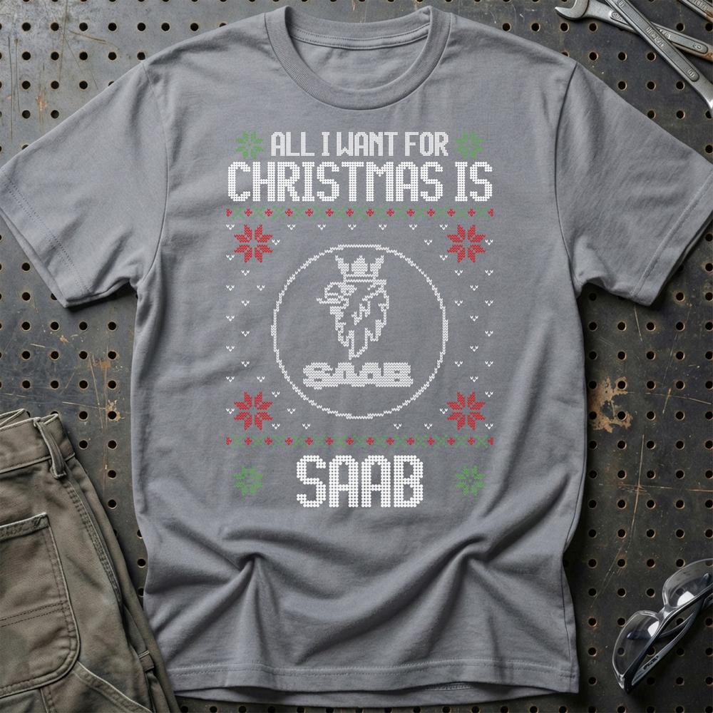 Saab - All I Want For Christmas - Unisex T-Shirt , Bomuld-Beklædning-Saab-Grå Sport-S-Garage Culture Shop- garage - man cave - merchandise