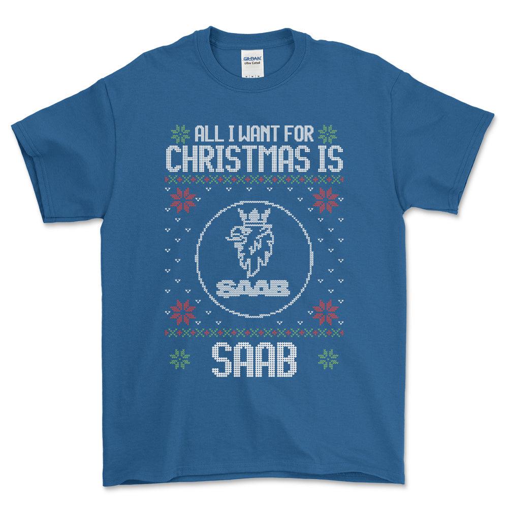 Saab - All I Want For Christmas - Unisex T-Shirt , Bomuld-Beklædning-Saab-Blå Royal-S-Forside-Garage Culture Shop- garage - man cave - merchandise