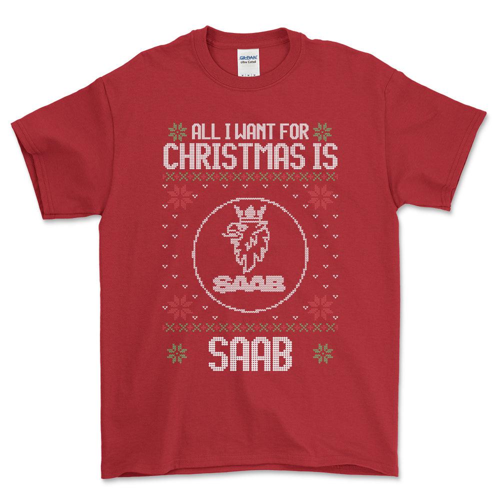 Saab - All I Want For Christmas - Unisex T-Shirt , Bomuld-Beklædning-Saab-Rød-S-Forside-Garage Culture Shop- garage - man cave - merchandise